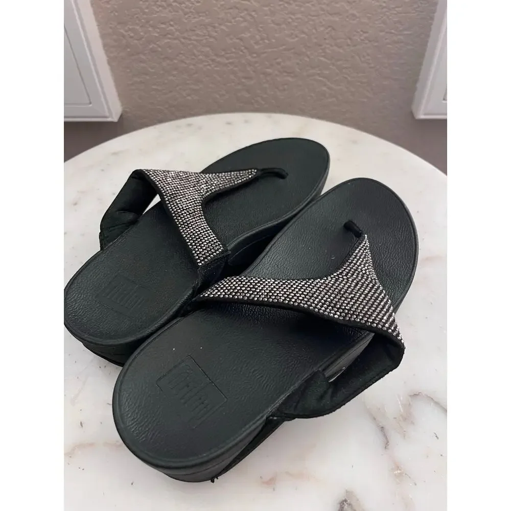 Fitflop Women’s Black Rhinestone Sandals 6 Platform Thong Metallic Lightweight